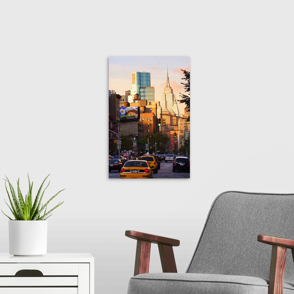 A modern room featuring New York City, Empire State Building