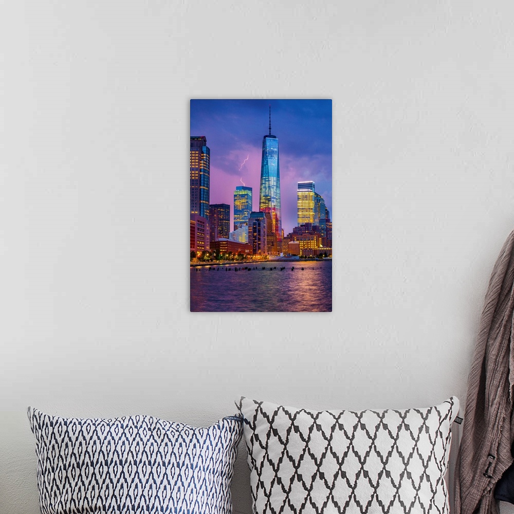 A bohemian room featuring USA, New York City, Hudson, Manhattan, Lower Manhattan, One World Trade Center, Freedom Tower.