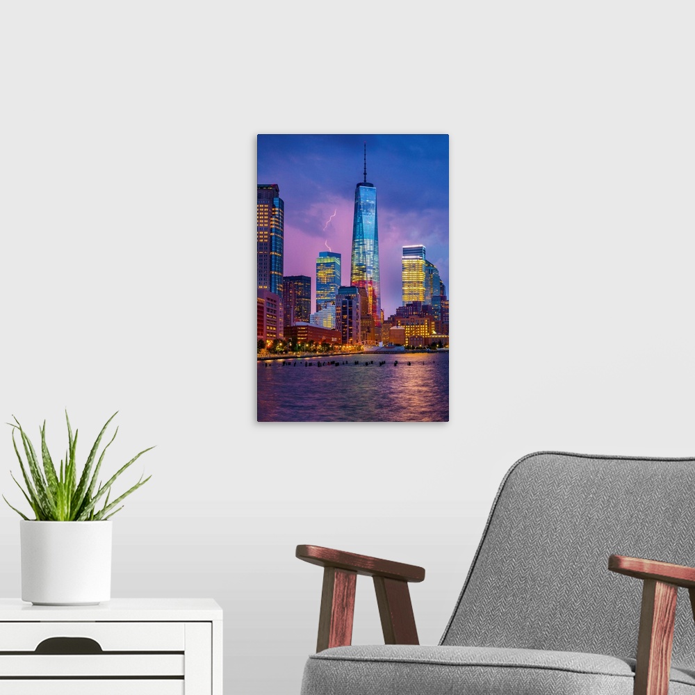 A modern room featuring USA, New York City, Hudson, Manhattan, Lower Manhattan, One World Trade Center, Freedom Tower.