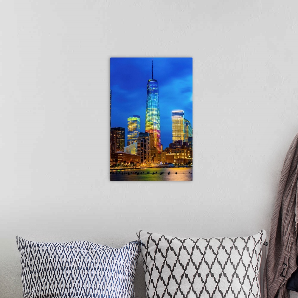 A bohemian room featuring USA, New York City, Hudson, Manhattan, Lower Manhattan, One World Trade Center, Freedom Tower.