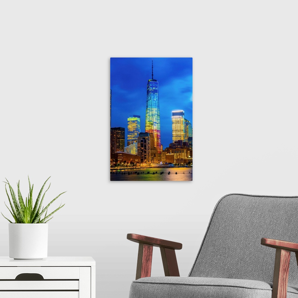 A modern room featuring USA, New York City, Hudson, Manhattan, Lower Manhattan, One World Trade Center, Freedom Tower.