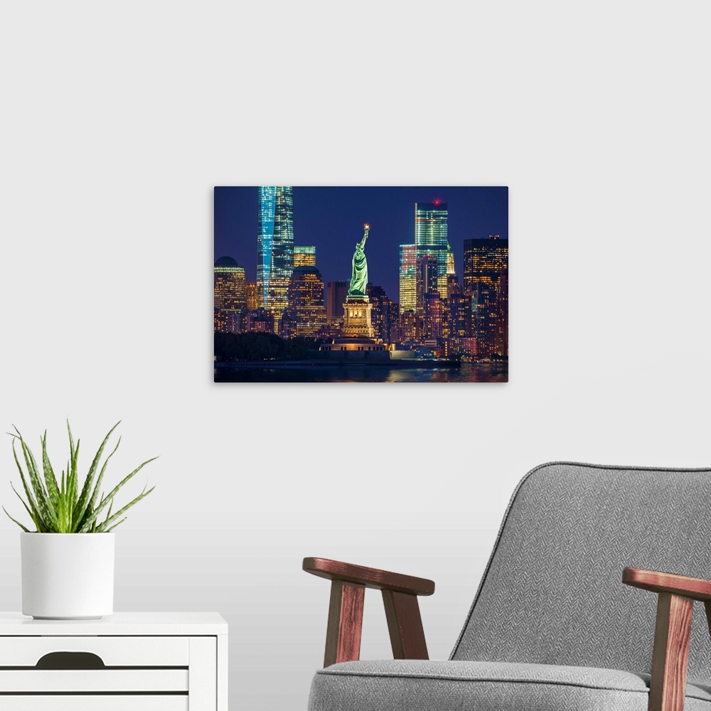 A modern room featuring USA, New York City, Manhattan, Lower Manhattan, Liberty Island, Statue of Liberty, Lower Manhatta...