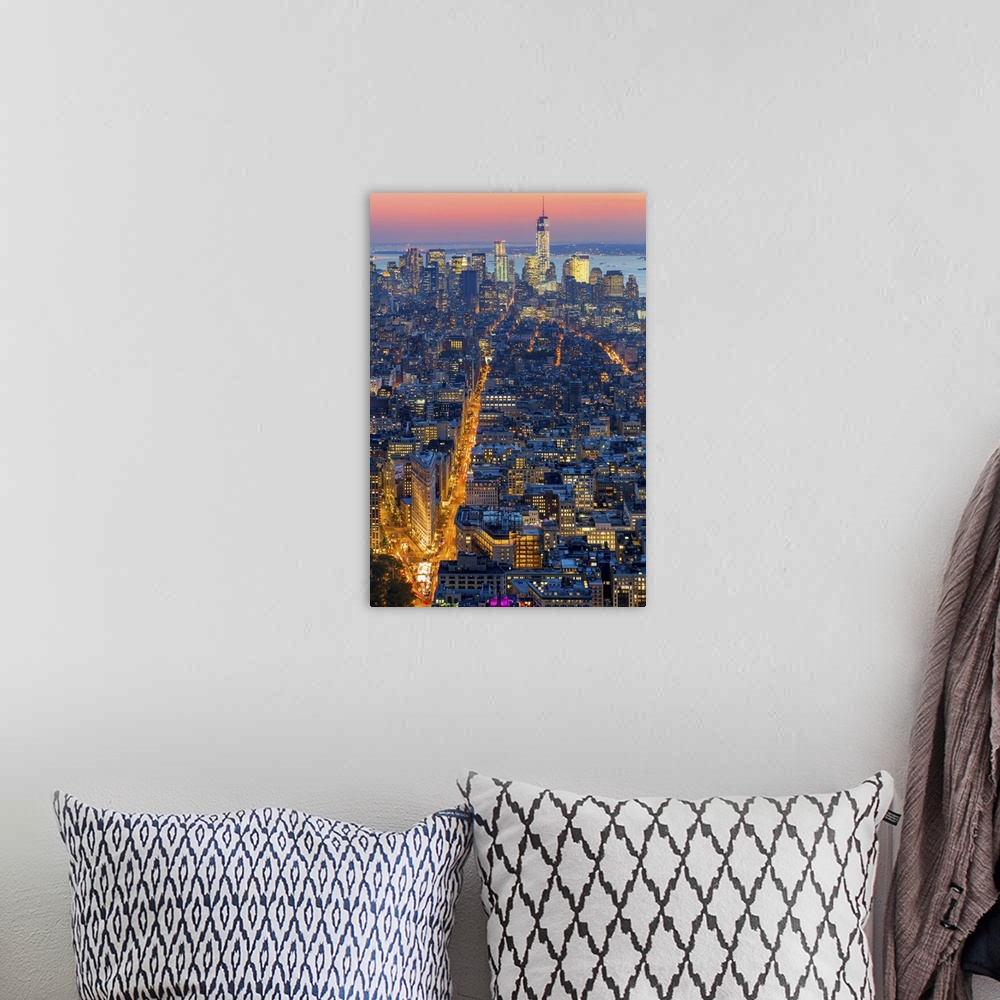 A bohemian room featuring USA, New York City, Manhattan, Midtown, Lower Manhattan cityscape with Freedom Tower in the backg...