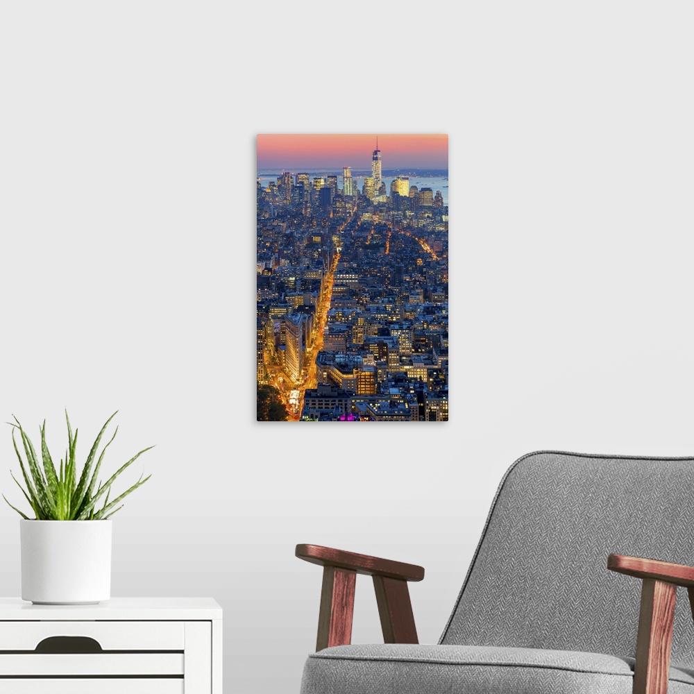 A modern room featuring USA, New York City, Manhattan, Midtown, Lower Manhattan cityscape with Freedom Tower in the backg...