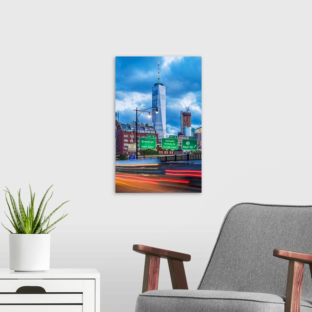 A modern room featuring New York City, Lower Manhattan, view of the Freedom Tower from Tribeca.