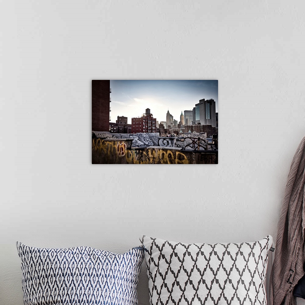 A bohemian room featuring New York City, Lower Manhattan, View over China Town rooftops.