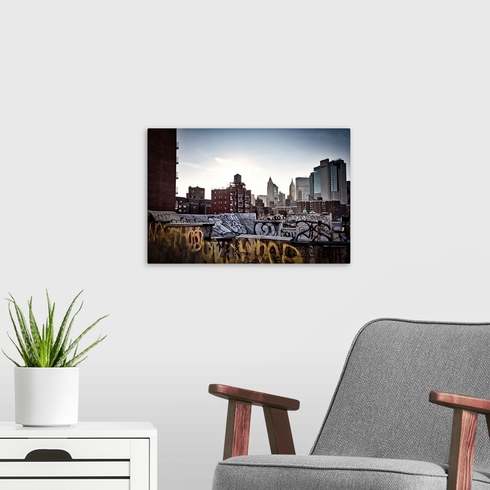 A modern room featuring New York City, Lower Manhattan, View over China Town rooftops.