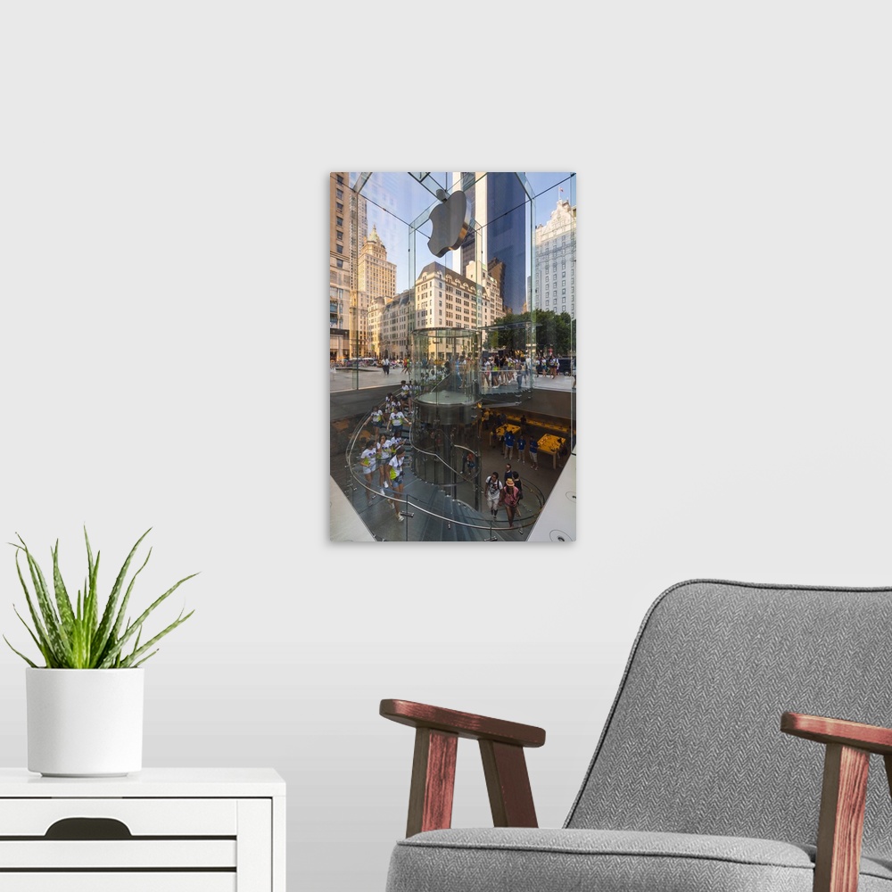 A modern room featuring New York City, Manhattan, Apple Store on 59 Street and Fifth Avenue.