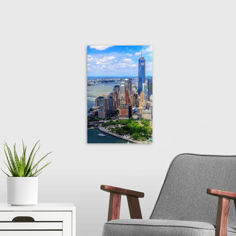 A modern room featuring New York, New York City, Manhattan, Battery Park.