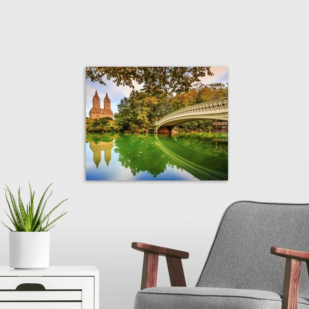 A modern room featuring USA, New York City, Manhattan, Central Park, Bow Bridge in Central Park, with view of San Remo Ap...