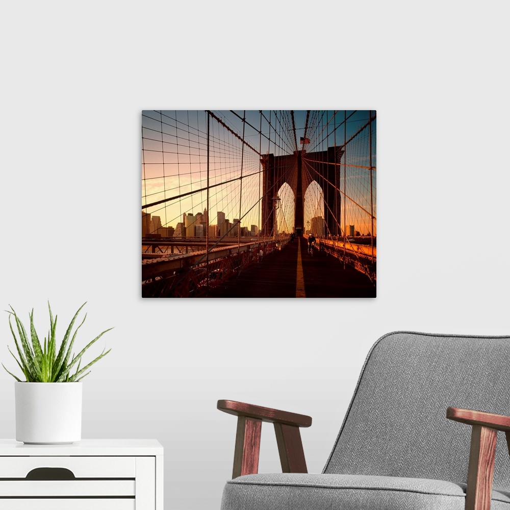 A modern room featuring New York City, Manhattan, Brooklyn bridge