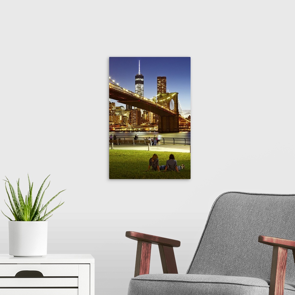 A modern room featuring USA, New York City, Manhattan, Brooklyn Bridge, Brooklyn Bridge Park, View towards Brooklyn Bridg...
