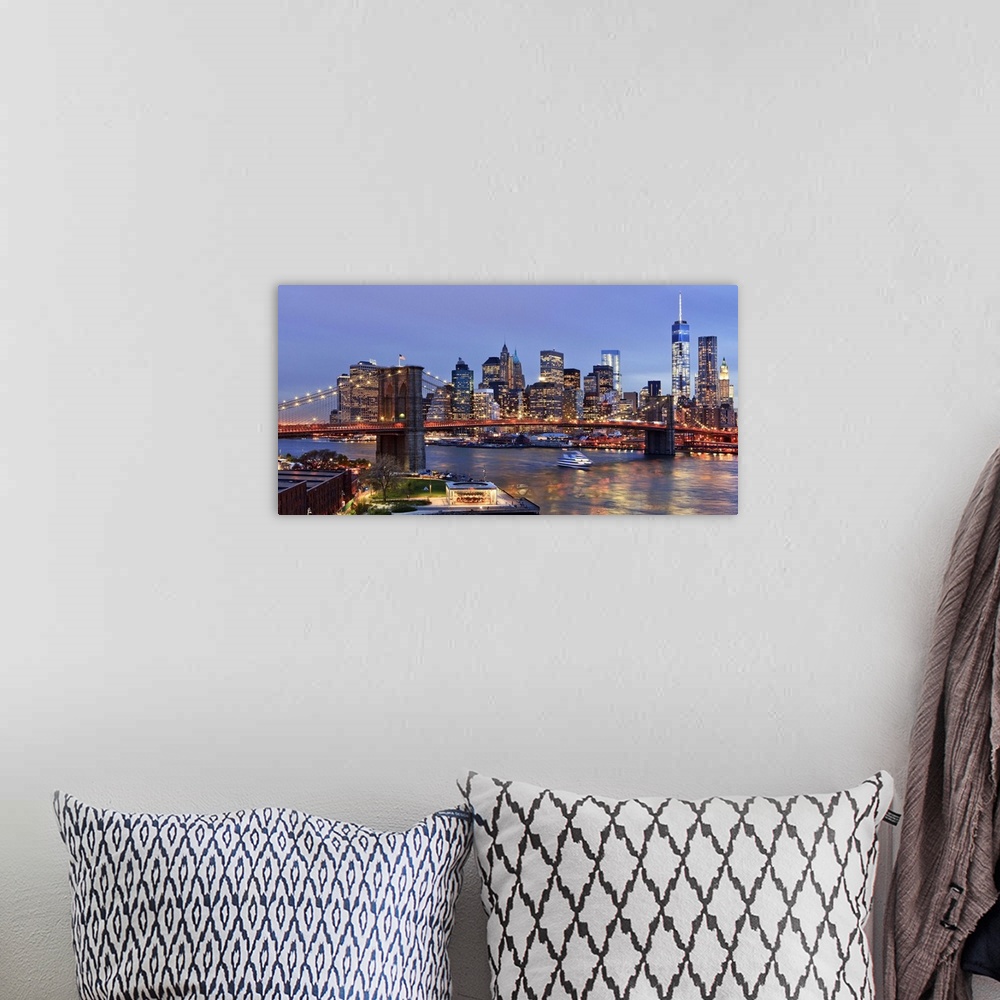 A bohemian room featuring USA, New York City, East River, Manhattan, Brooklyn Bridge, Downtown skyline with the Freedom Tow...
