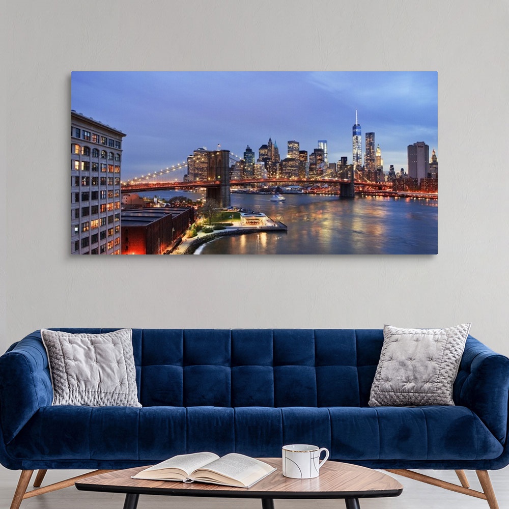 A modern room featuring USA, New York City, East River, Manhattan, Brooklyn Bridge, Downtown skyline with the Freedom Tow...