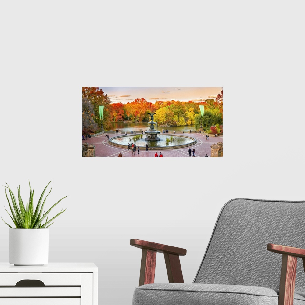 A modern room featuring USA, New York City, Manhattan, Central Park, Angel of the Waters fountain and Bethesda Terrace.