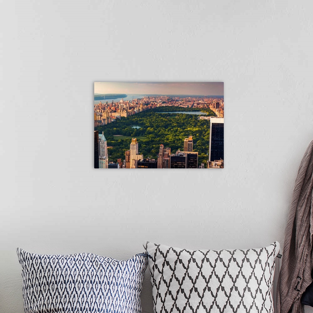 A bohemian room featuring USA, New York City, Manhattan, Central Park, Cityscape from Top of the Rock at the Rockefeller Ce...