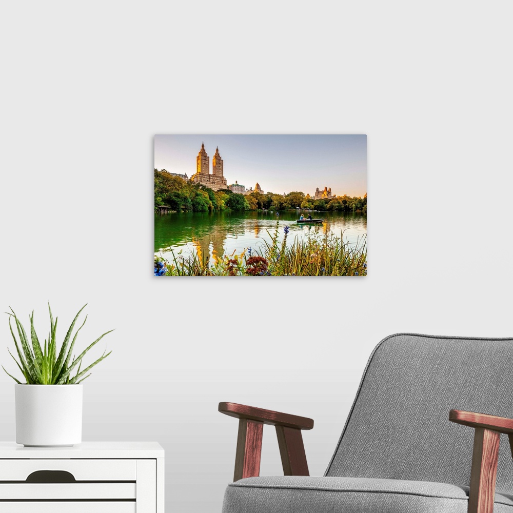 A modern room featuring USA, New York City, Manhattan, Central Park, Rowing on the Lake with the San Remo building in the...
