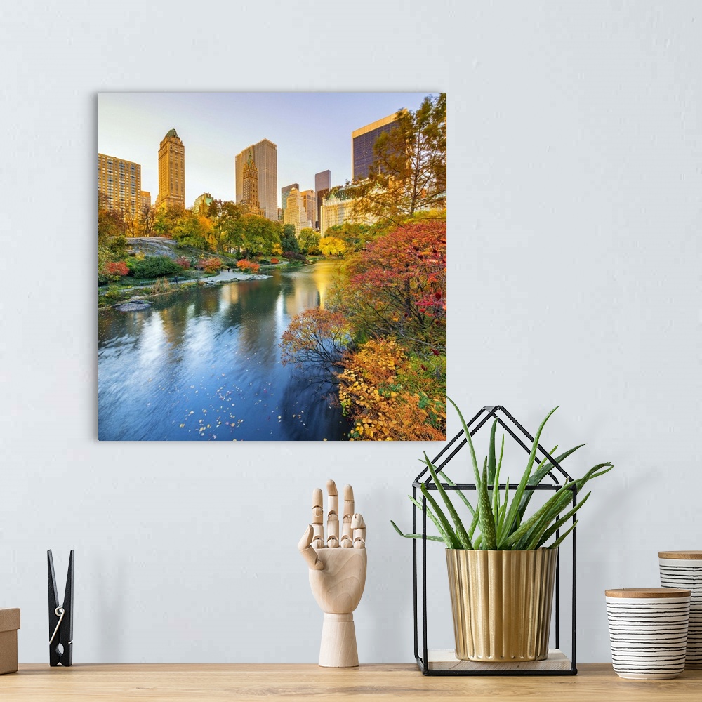 A bohemian room featuring USA, New York City, Manhattan, Central Park, The Pond, Fifth Avenue skyline in the background.