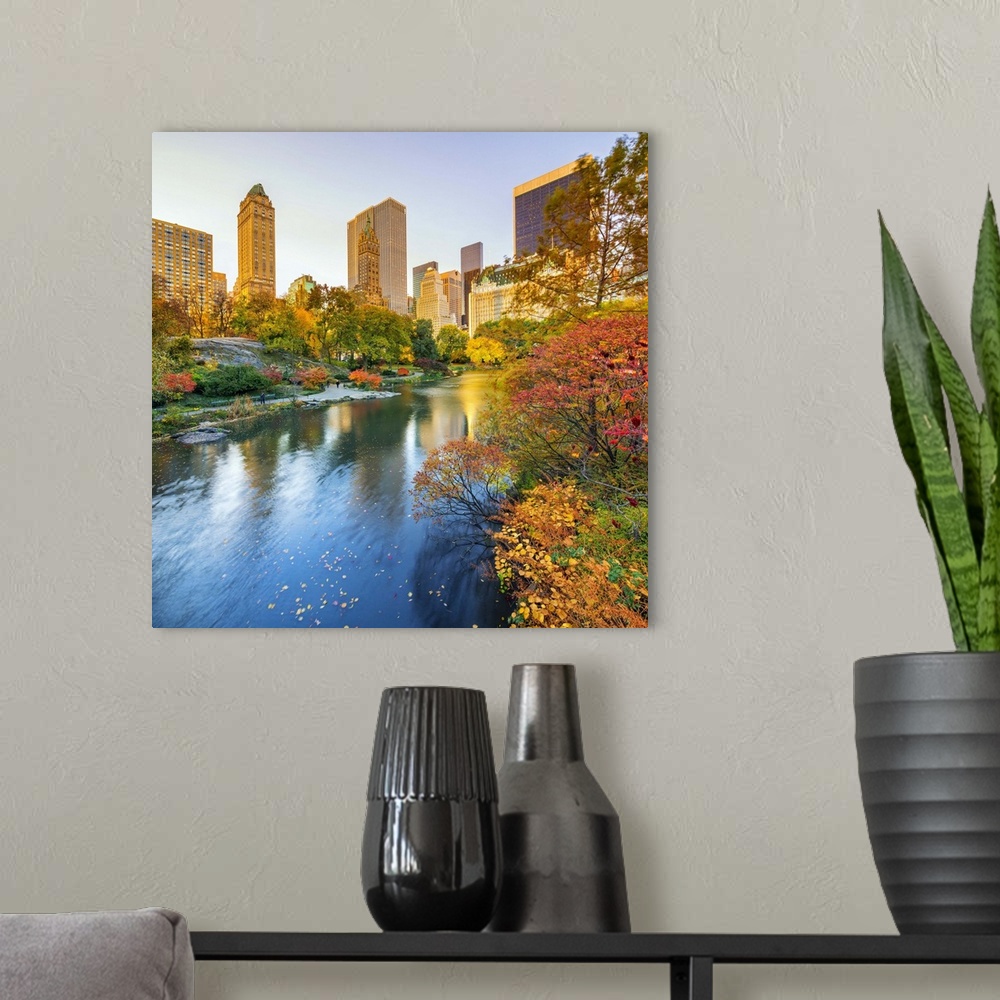 A modern room featuring USA, New York City, Manhattan, Central Park, The Pond, Fifth Avenue skyline in the background.