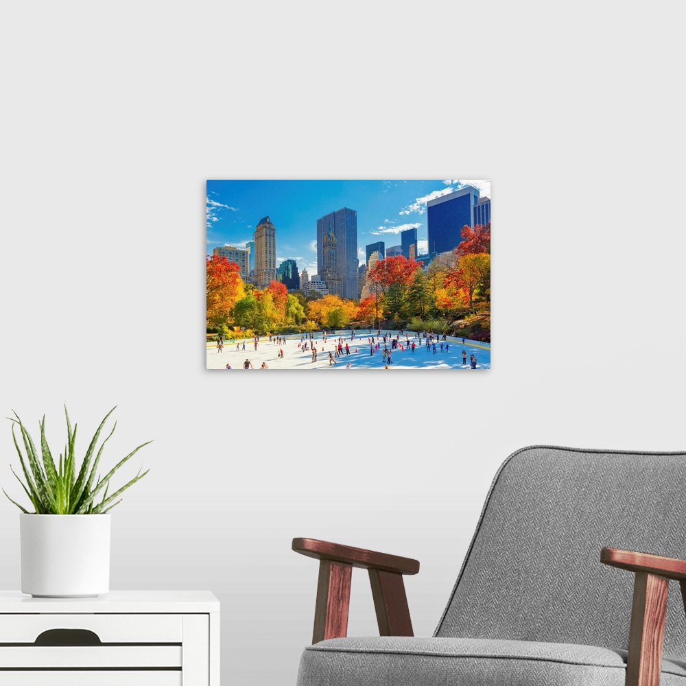 A modern room featuring USA, New York City, Manhattan, Central Park, Wollman Rink, Ice rink, Fifth Avenue skyline in the ...