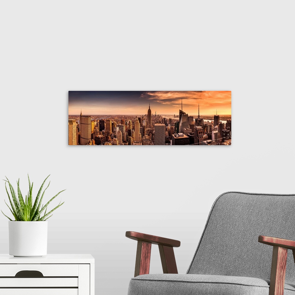 A modern room featuring New York, New York City, Manhattan, Cityscape from Top of the Rock at the Rockefeller Center.