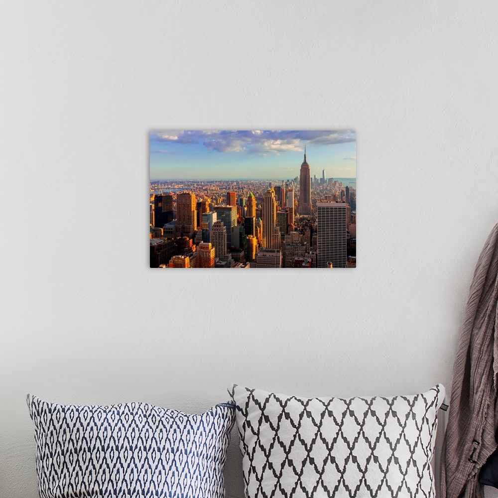 A bohemian room featuring USA, New York City, Manhattan, Midtown, Cityscape from Top of the Rock at the Rockefeller Center.