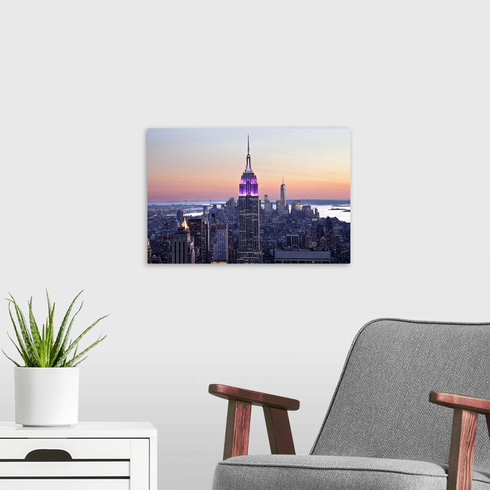 A modern room featuring USA, New York City, Manhattan, Midtown, Empire State Building, Manhattan cityscape.