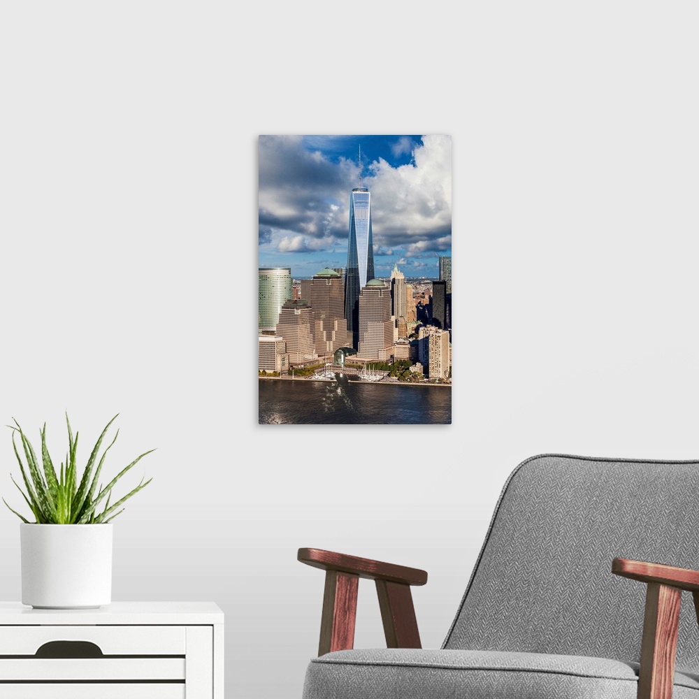 A modern room featuring USA, New York City, Manhattan, Lower Manhattan, Freedom Tower in the Financial District.