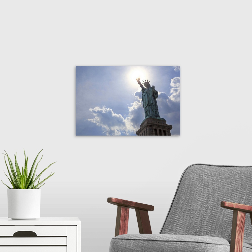 A modern room featuring USA, New York City, Manhattan, Lower Manhattan, Liberty Island, Statue of Liberty.