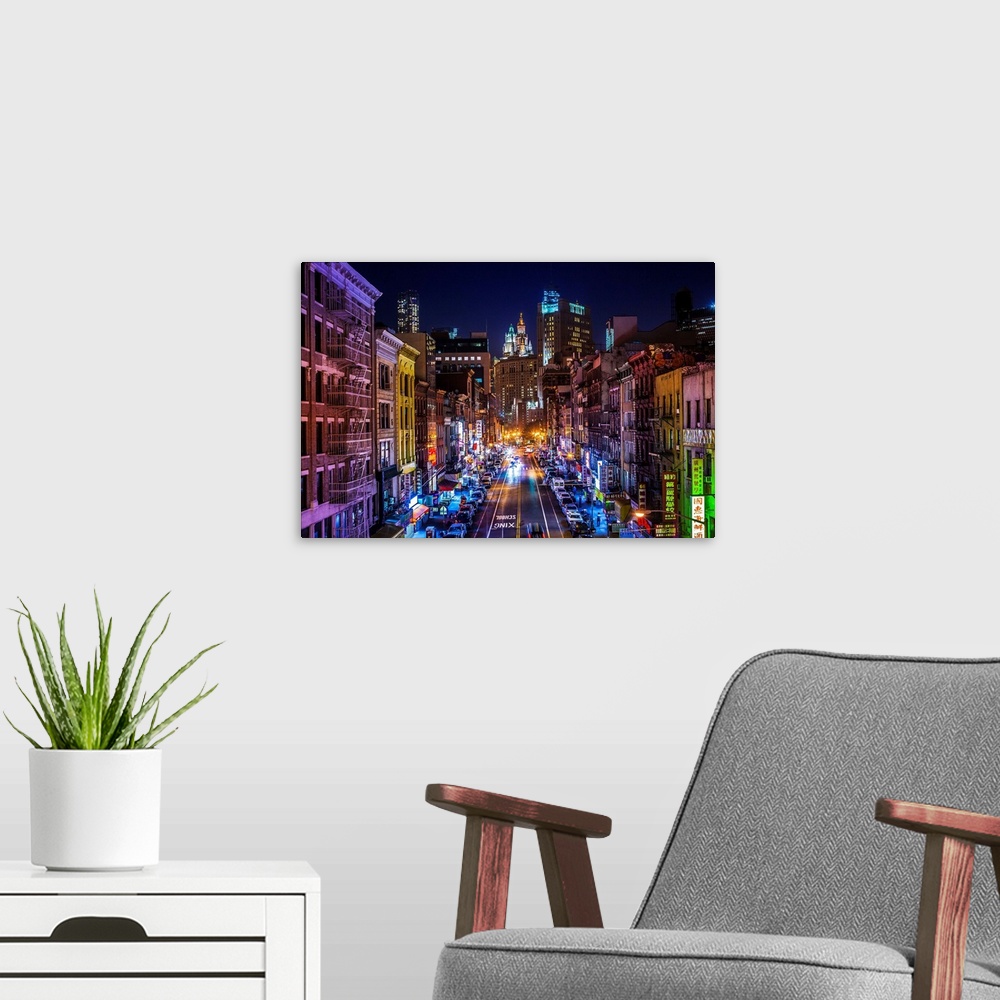 A modern room featuring USA, New York City, Manhattan, Lower East Side, Chinatown, Chinatown at night.