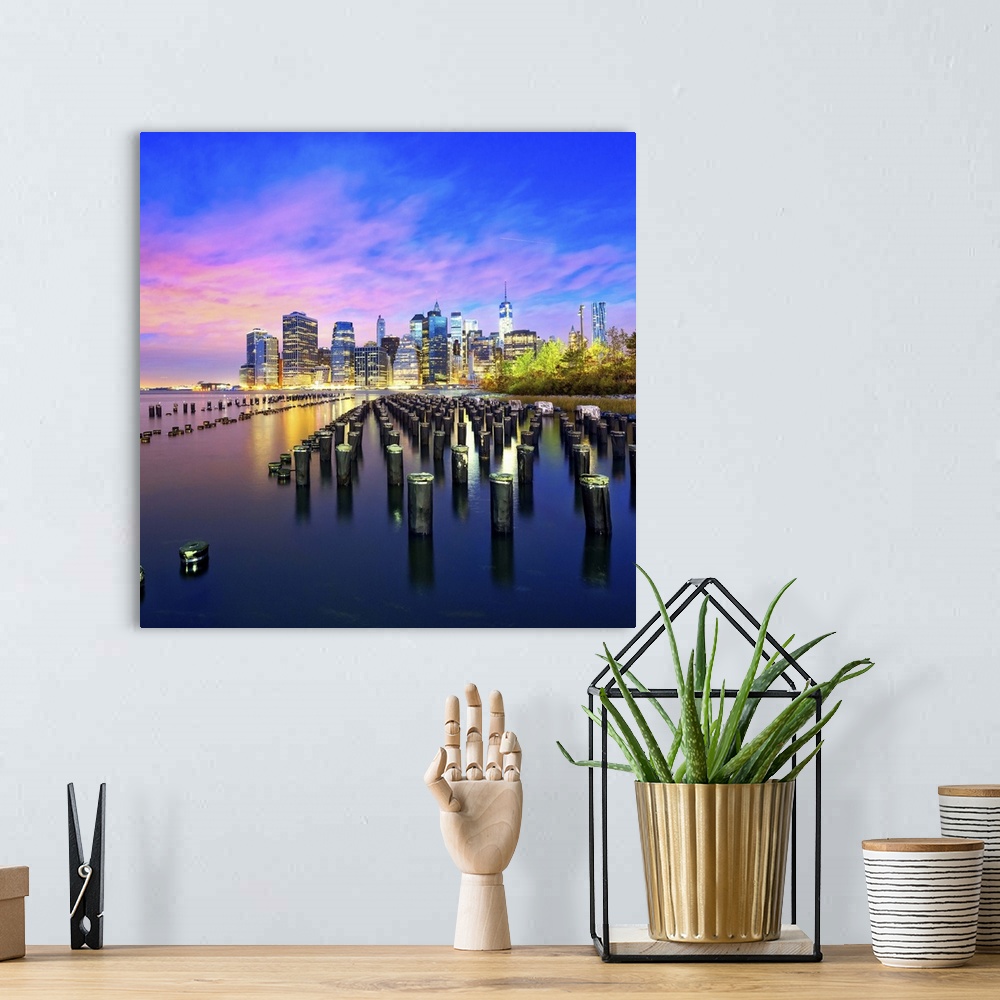 A bohemian room featuring USA, New York City, Manhattan, Lower Manhattan, Skyline with Freedom Tower at dawn, view from Bro...