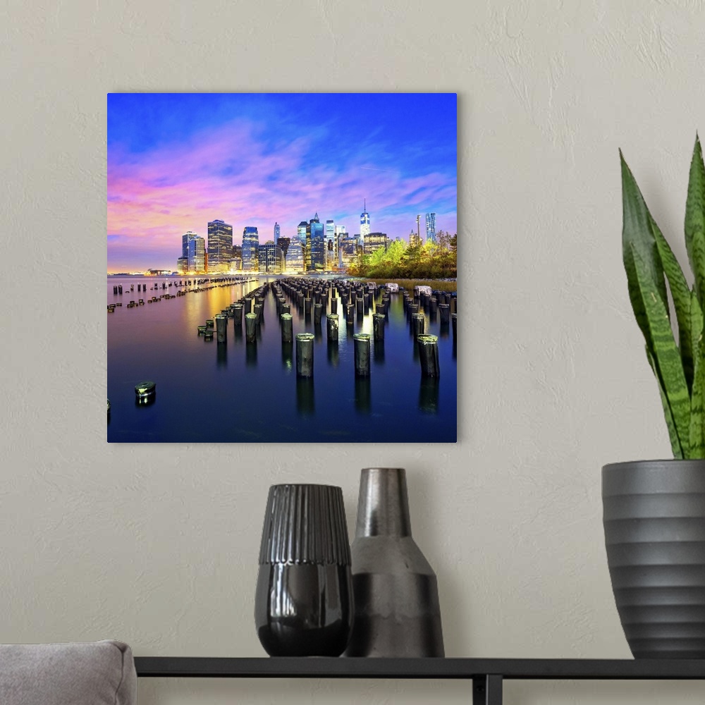 A modern room featuring USA, New York City, Manhattan, Lower Manhattan, Skyline with Freedom Tower at dawn, view from Bro...