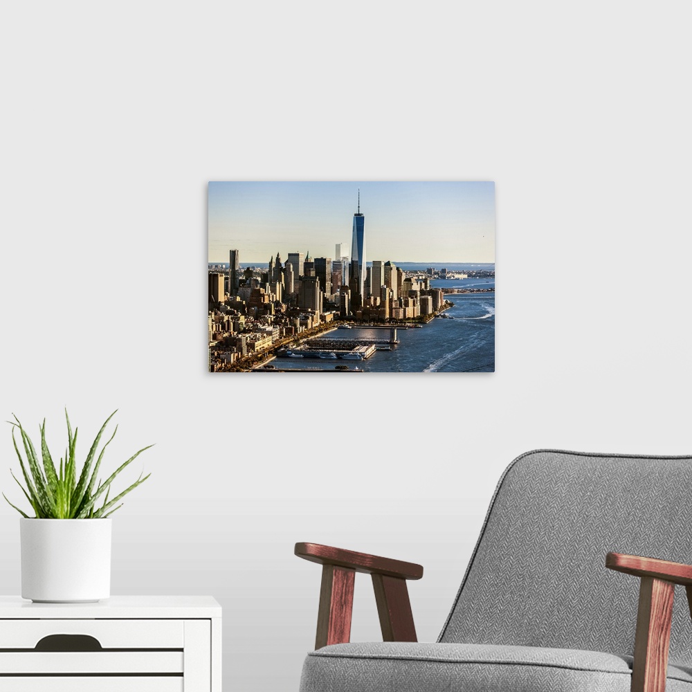 A modern room featuring USA, New York City, Manhattan, Lower Manhattan, Manhattan and the Freedom Tower.