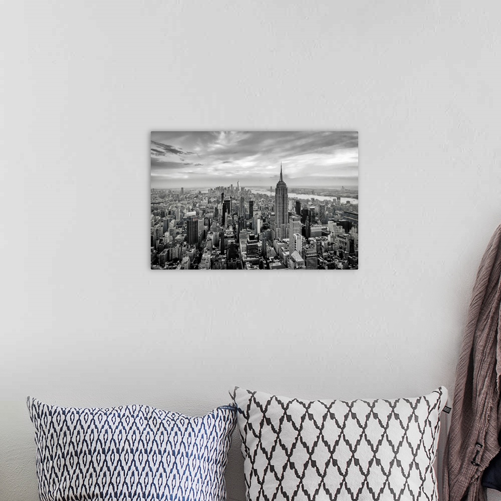 A bohemian room featuring New York City, Manhattan, Midtown, Aerial cityscape of the city's buildings and skyscrapers.