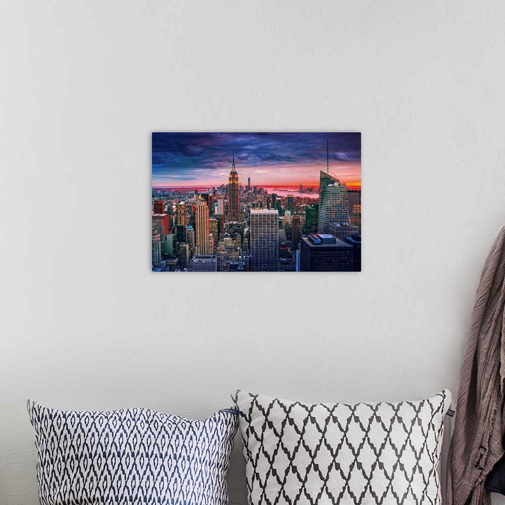 A bohemian room featuring USA, New York City, Manhattan, Midtown, Rockefeller Center, Evening cityscape from Top of the Roc...