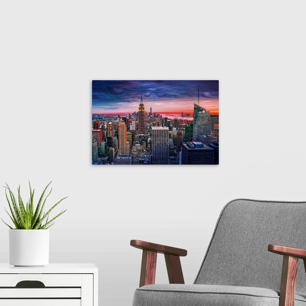 A modern room featuring USA, New York City, Manhattan, Midtown, Rockefeller Center, Evening cityscape from Top of the Roc...