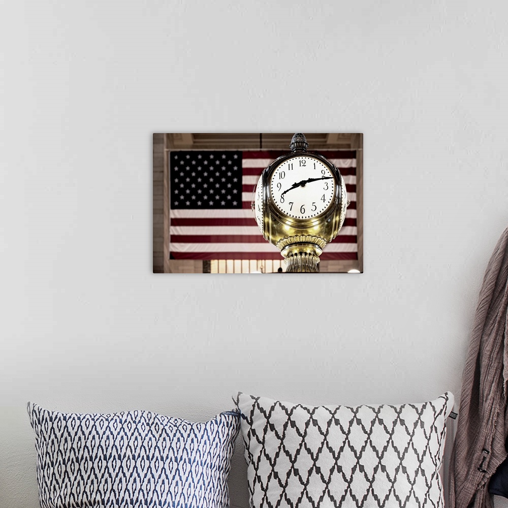 A bohemian room featuring USA, New York City, Manhattan, Midtown, Grand Central Station, Brass Clock and the US flag.