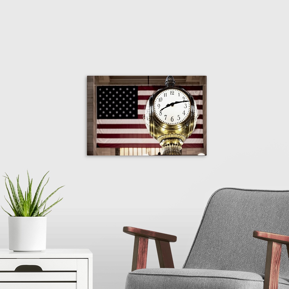 A modern room featuring USA, New York City, Manhattan, Midtown, Grand Central Station, Brass Clock and the US flag.