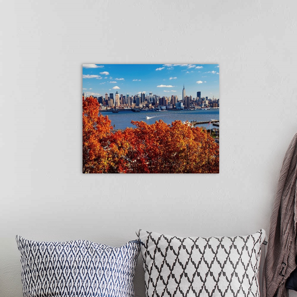 A bohemian room featuring New York City, Manhattan skyline, view from New Jersey