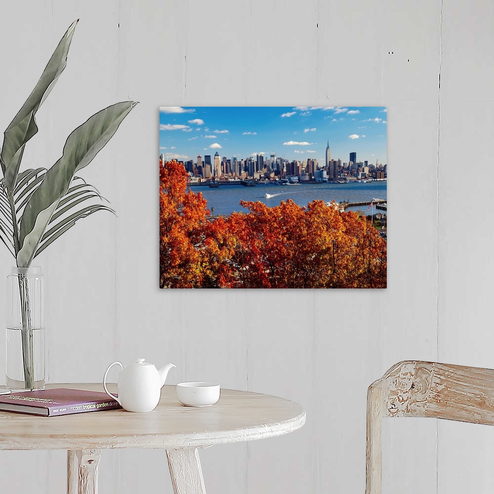 A farmhouse room featuring New York City, Manhattan skyline, view from New Jersey