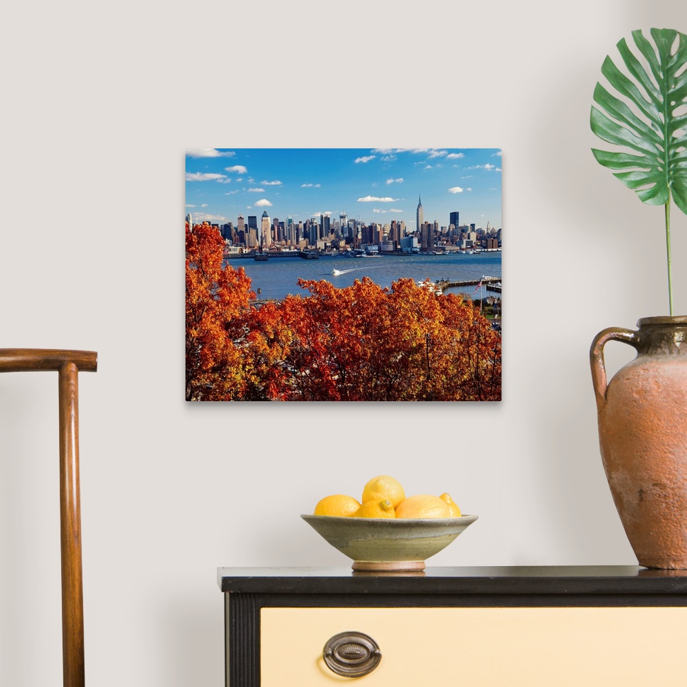 A traditional room featuring New York City, Manhattan skyline, view from New Jersey