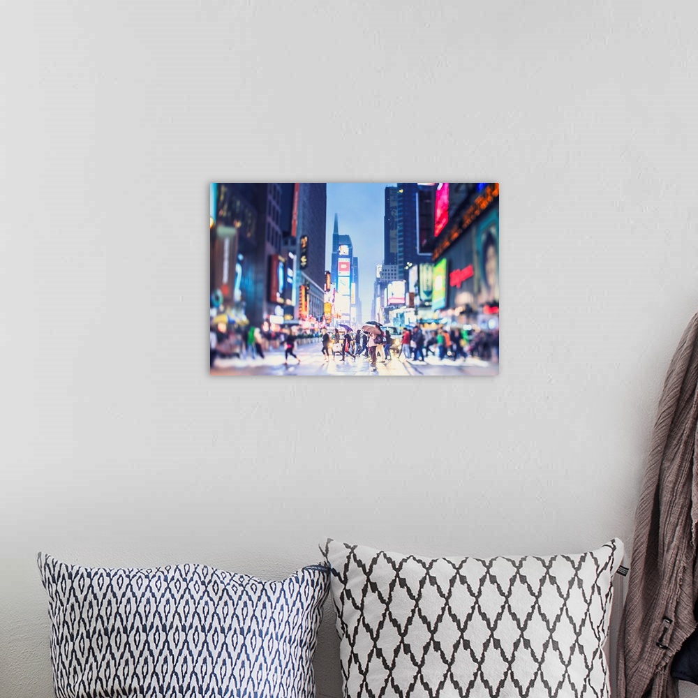 A bohemian room featuring New York, New York City, Manhattan, Times Square, Pedestrians crossing the street at night.