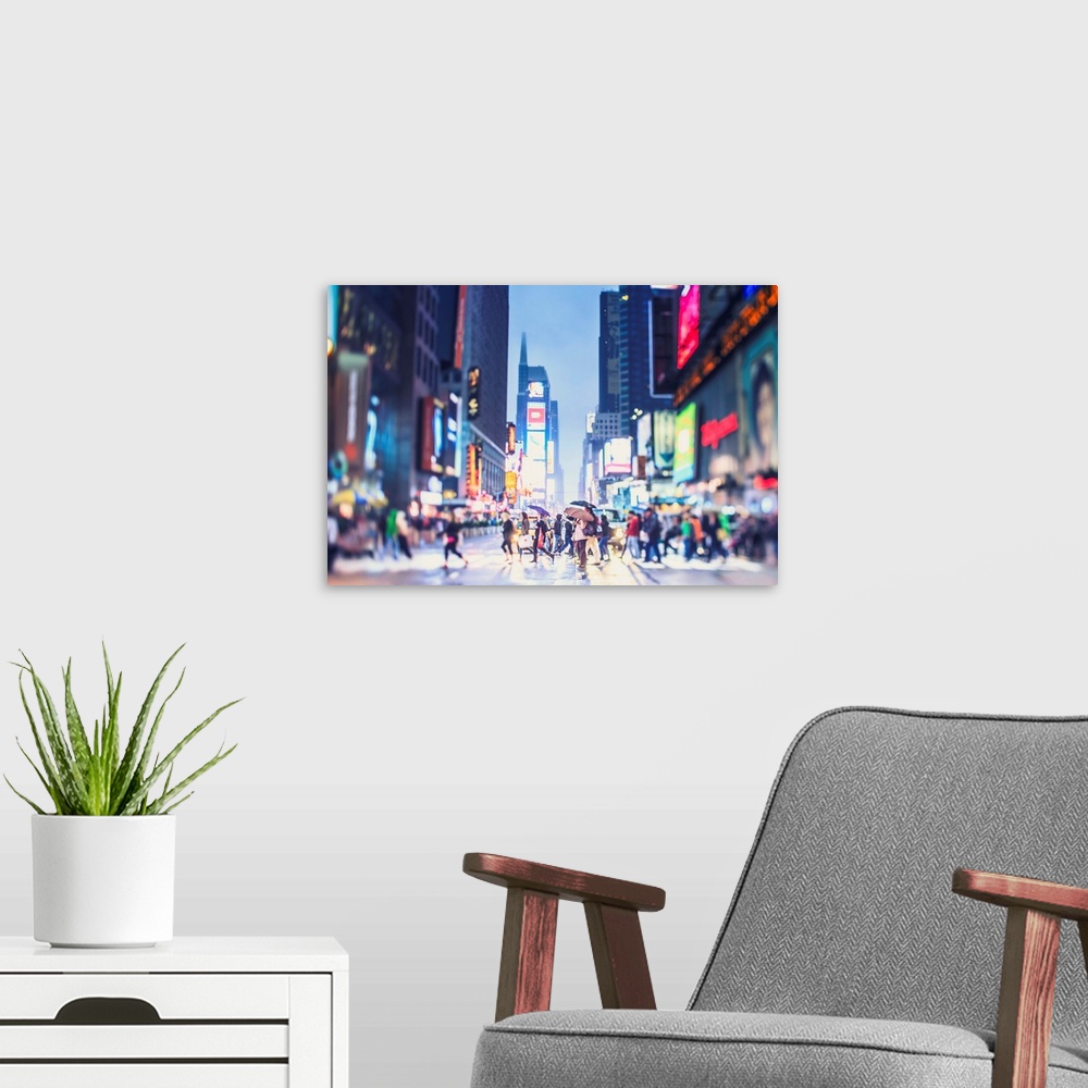 A modern room featuring New York, New York City, Manhattan, Times Square, Pedestrians crossing the street at night.