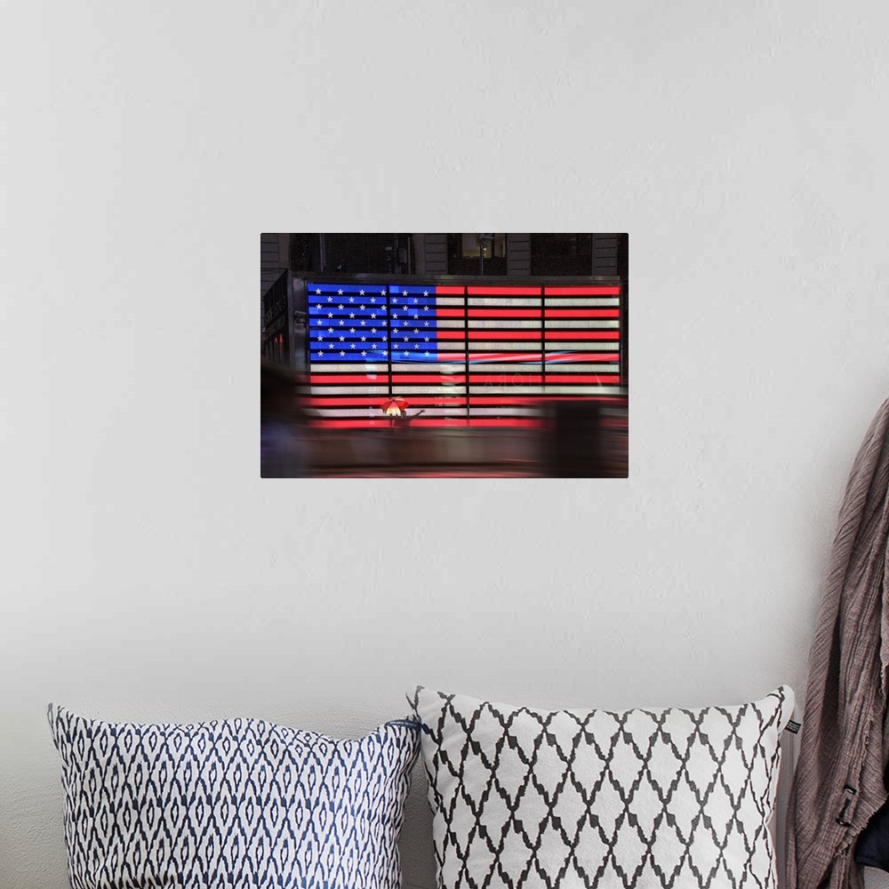A bohemian room featuring USA, New York City, Manhattan, Midtown, Times Square, Police station American flag.