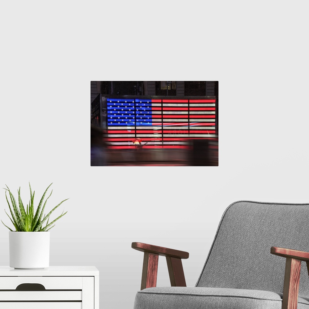 A modern room featuring USA, New York City, Manhattan, Midtown, Times Square, Police station American flag.
