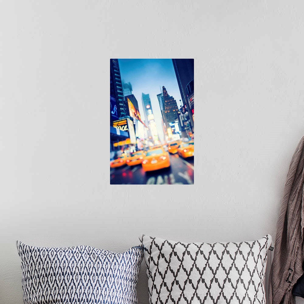 A bohemian room featuring New York, New York City, Manhattan, Times Square, Yellow taxi cabs at night.