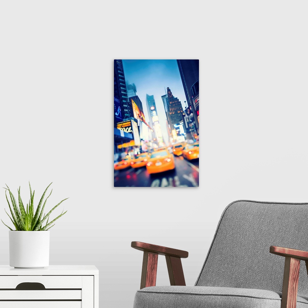 A modern room featuring New York, New York City, Manhattan, Times Square, Yellow taxi cabs at night.