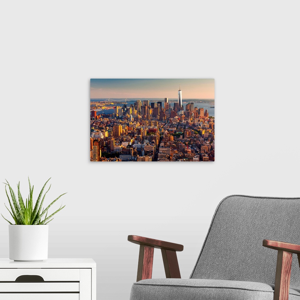 A modern room featuring USA, New York City, Manhattan, Midtown, View from the Empire State Building.