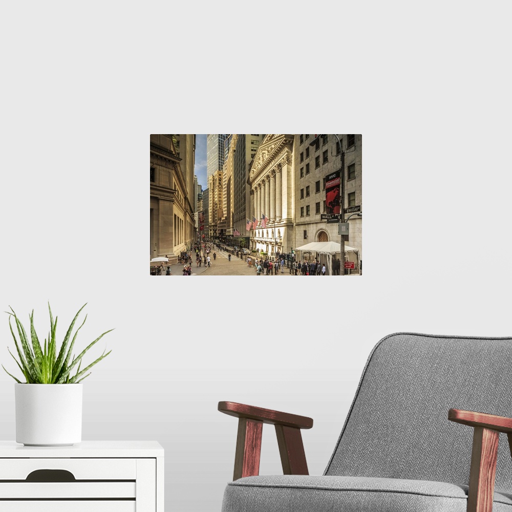 A modern room featuring USA, New York City, Manhattan, Lower Manhattan, Wall Street, New York Stock Exchange, NYSE.