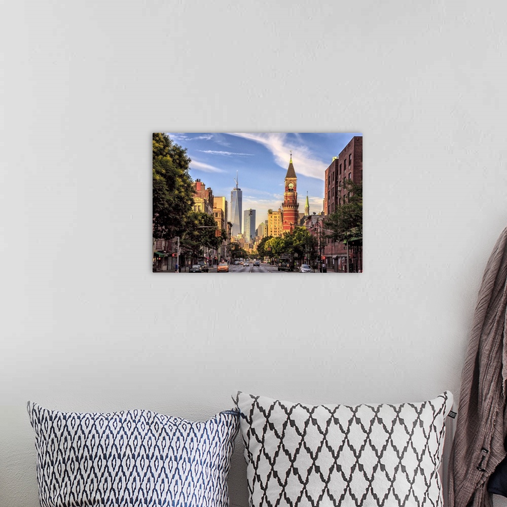 A bohemian room featuring New York, New York City City, View down 6th Avenue with Jefferson Market Library and Freedom Tower.